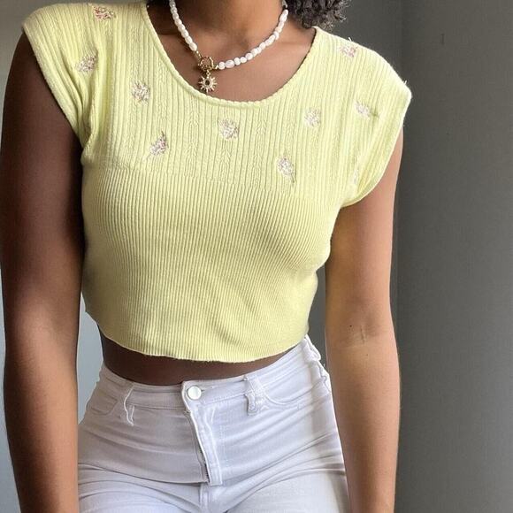 Free People Baby Tee Yellow Small Crop Top Shirt Knit Embroidered Ribbed - Picture 1 of 10